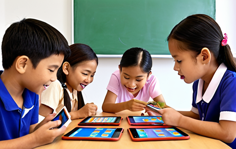 **Prompt:**  "Fun Thai language class. Kids playing Quizizz game on tablets, colorful classroom, energetic teacher, positive learning environment."