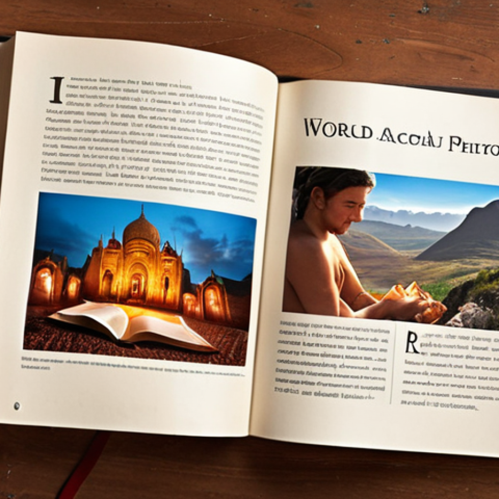 **Open book with pages showing diverse landscapes and people from different countries, bathed in warm, inviting light. Emphasis on a sense of adventure and global connection.** (Focus:  The world-opening aspect of language.)