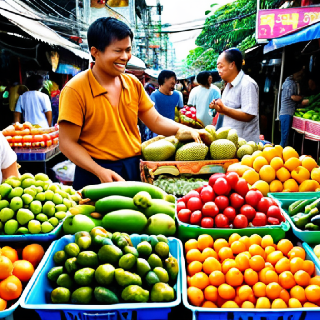 **Prompt:** A vibrant Thai market scene, overflowing with colorful fruits, vegetables, and street food. People are smiling and interacting, showcasing the "greng jai" (considerate) spirit of Thai culture. Traditional Thai script and patterns subtly integrated into the background.