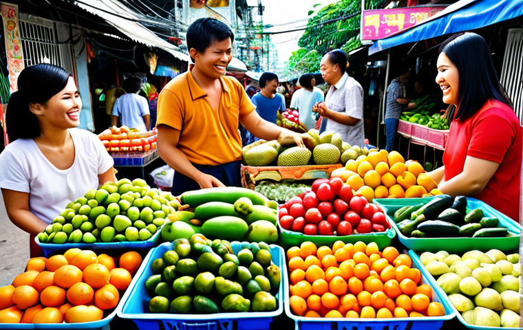 **Prompt:** A vibrant Thai market scene, overflowing with colorful fruits, vegetables, and street food. People are smiling and interacting, showcasing the "greng jai" (considerate) spirit of Thai culture. Traditional Thai script and patterns subtly integrated into the background.