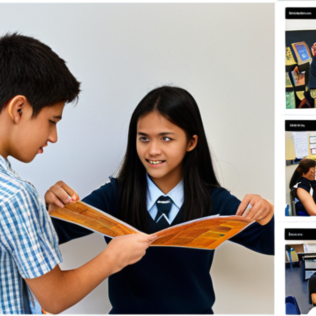 ** Students collaboratively working on a project presentation, showcasing their language skills in a real-world scenario (e.g., presenting in front of classmates), emphasizing communication and teamwork.
**