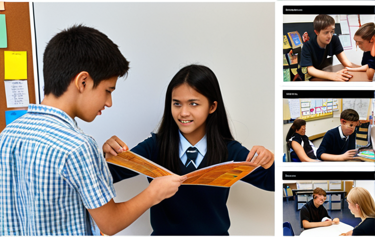 ** Students collaboratively working on a project presentation, showcasing their language skills in a real-world scenario (e.g., presenting in front of classmates), emphasizing communication and teamwork.

**