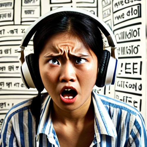**Image Prompt 1: Overwhelmed Language Learner**
    A person (Thai or Asian) with a look of intense frustration and confusion, wearing headphones. Abstract, jumbled foreign words or sound waves are swirling chaotically around their head, symbolizing incomprehension. The background is a simple, slightly messy personal study space, emphasizing the struggle of not understanding despite effort. The mood is one of being disheartened and on the verge of giving up.