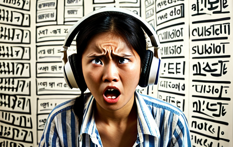 **Image Prompt 1: Overwhelmed Language Learner**
    A person (Thai or Asian) with a look of intense frustration and confusion, wearing headphones. Abstract, jumbled foreign words or sound waves are swirling chaotically around their head, symbolizing incomprehension. The background is a simple, slightly messy personal study space, emphasizing the struggle of not understanding despite effort. The mood is one of being disheartened and on the verge of giving up.