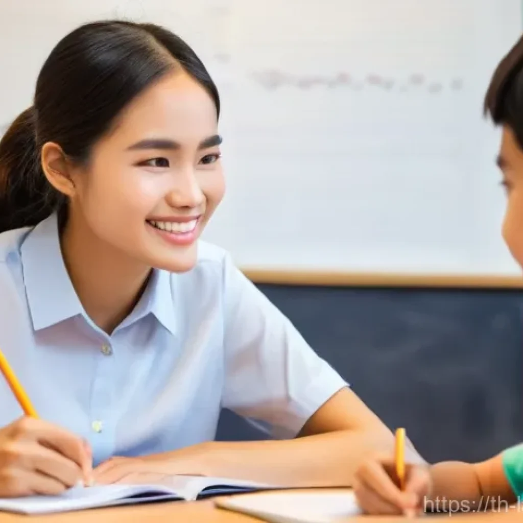 언어 교사의 역할 - A warm and inviting scene in a modern, brightly lit language classroom. A kind Thai female language ...