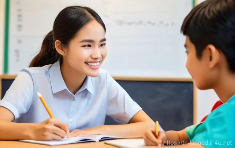 언어 교사의 역할 - A warm and inviting scene in a modern, brightly lit language classroom. A kind Thai female language ...