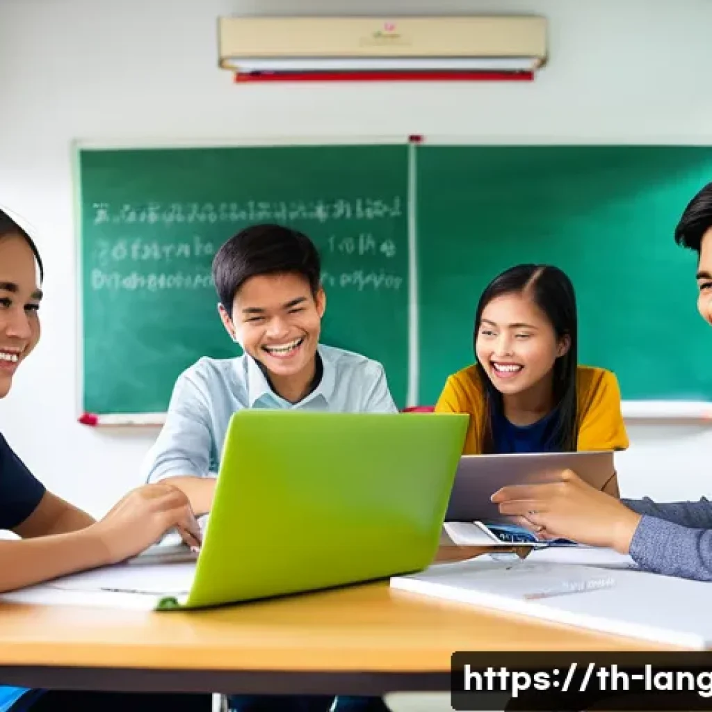 언어 교육에서의 프로젝트 학습 - A lively classroom scene showing diverse Thai students working together on a group language project,...