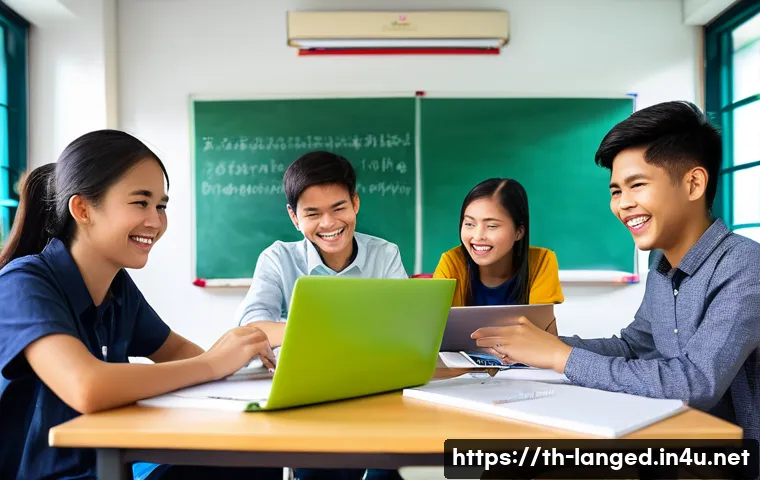 언어 교육에서의 프로젝트 학습 - A lively classroom scene showing diverse Thai students working together on a group language project,...