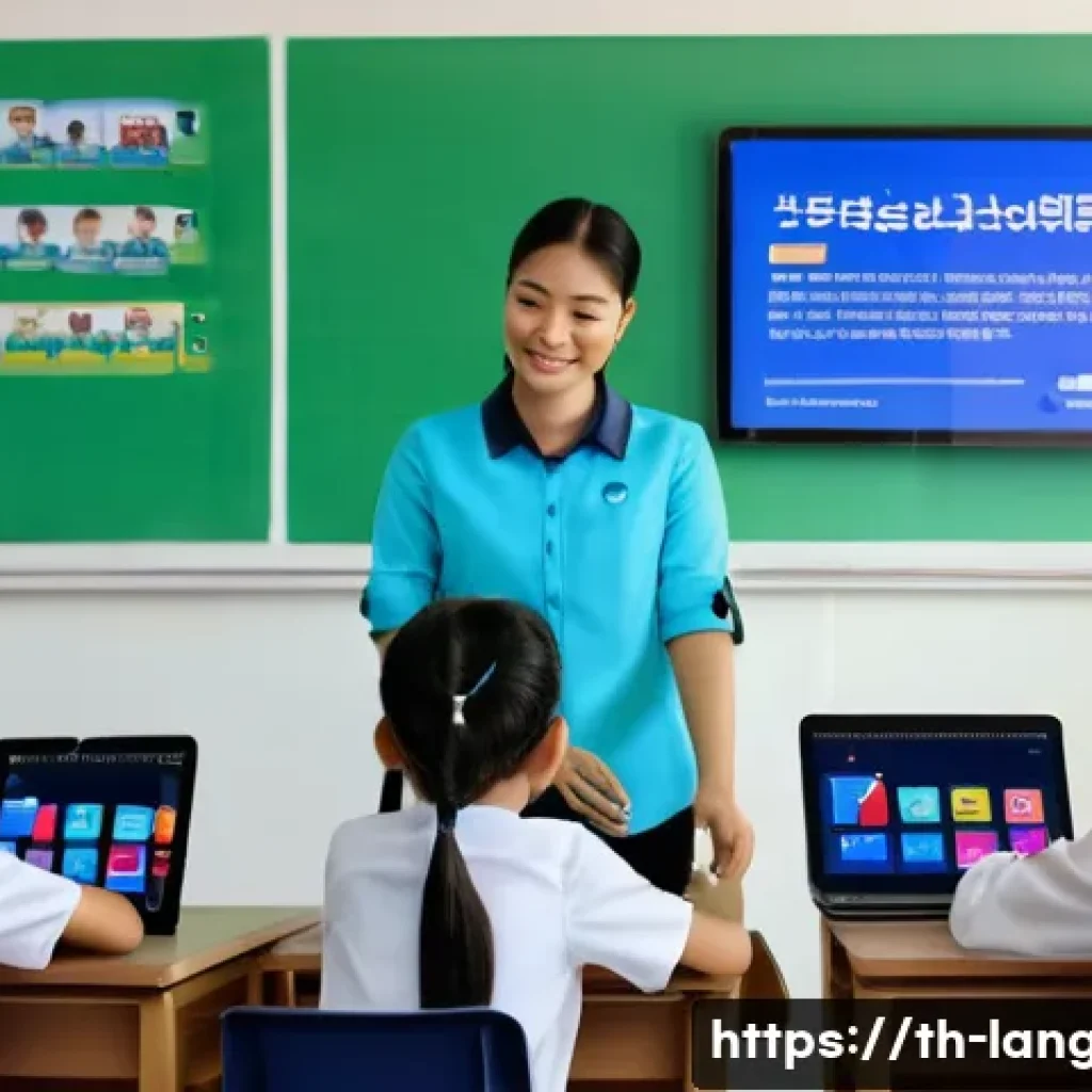 언어 교육에서의 평가 도구 - A modern digital classroom scene in Thailand, showing a diverse group of Thai students using tablets...