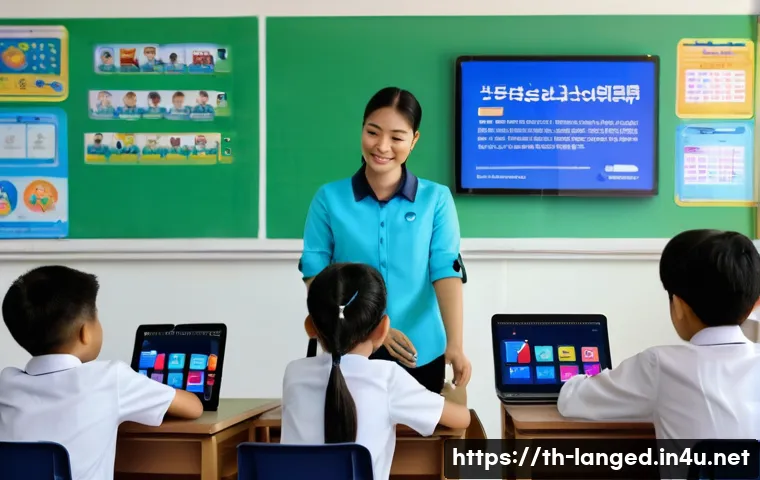 언어 교육에서의 평가 도구 - A modern digital classroom scene in Thailand, showing a diverse group of Thai students using tablets...