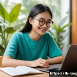 Home 22 언어 교육에서의 웹 기반 학습 - A cozy modern home study space featuring a young Thai adult woman sitting at a wooden desk with a la...