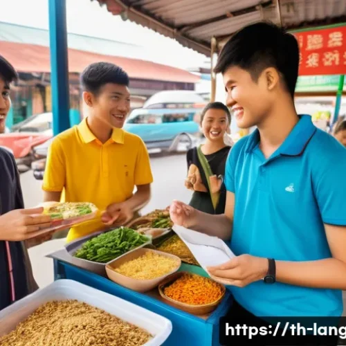 Home 33 언어 교육에서의 수행 평가 - A lively Thai language classroom scene where diverse students, wearing casual but neat clothes, enga...