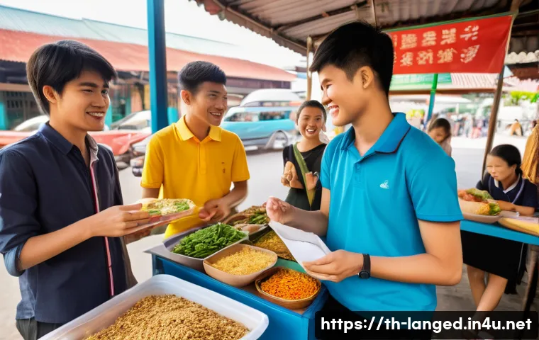 언어 교육에서의 수행 평가 - A lively Thai language classroom scene where diverse students, wearing casual but neat clothes, enga...