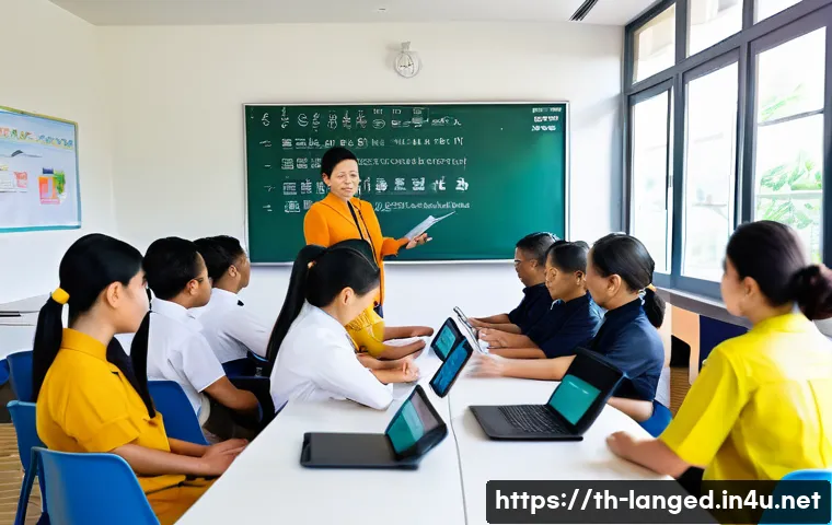 언어 교육에서의 형성 평가 - A modern classroom scene in Thailand showing a diverse group of adult learners engaged in a language...