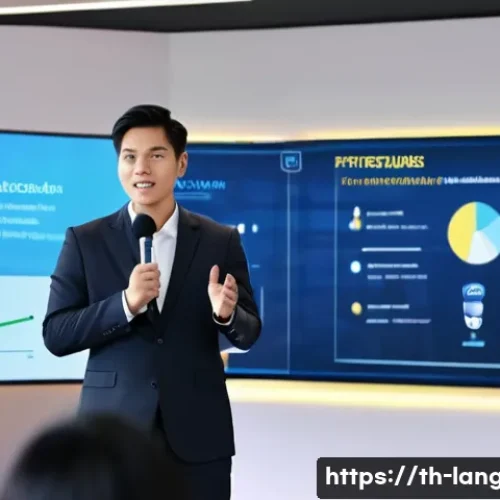 Home 31 언어 교육에서의 프리젠테이션 기술 - A confident Thai presenter standing on a modern stage in a professional conference room, wearing a s...