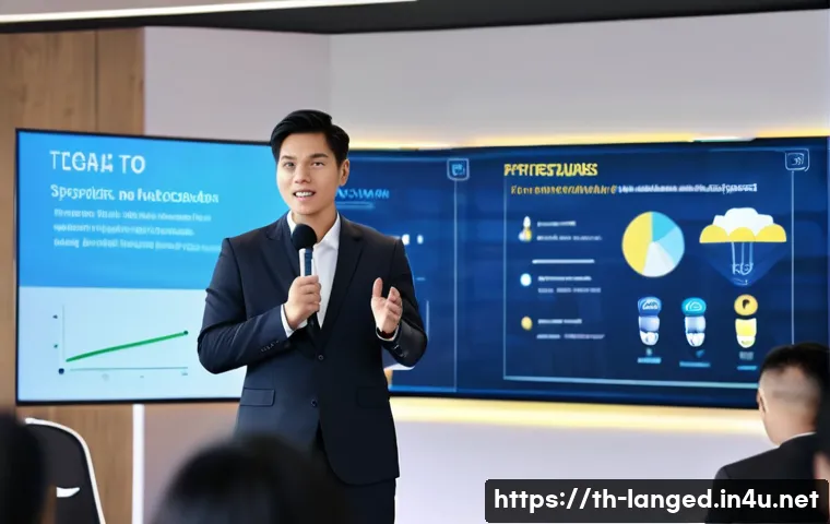 언어 교육에서의 프리젠테이션 기술 - A confident Thai presenter standing on a modern stage in a professional conference room, wearing a s...