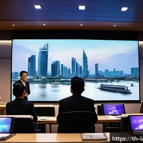 Home 17 언어 교육에서의 연구 발표 - A modern conference room in Bangkok with a professional presenter using multimedia tools: a large di...