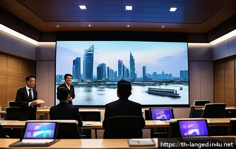 언어 교육에서의 연구 발표 - A modern conference room in Bangkok with a professional presenter using multimedia tools: a large di...