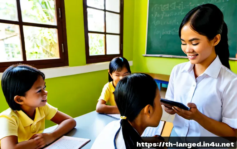 Home 17 언어 교육에서의 기술 활용 - Photorealistic Thai language classroom in Bangkok, a friendly adult teacher guiding diverse Thai stu...