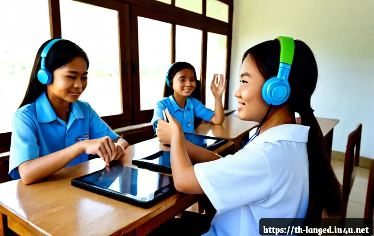 Home 29 언어 교육에서의 미디어 활용 - Photorealistic Thai language classroom, a friendly teacher guiding a small group of teenage students...